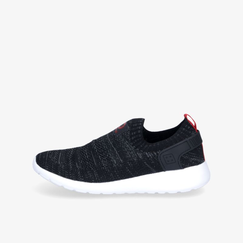 leichter schwarzer sneaker mit elastischem obermaterial und flexibler weißer sohle, bequemer und sportlicher freizeitschuh
