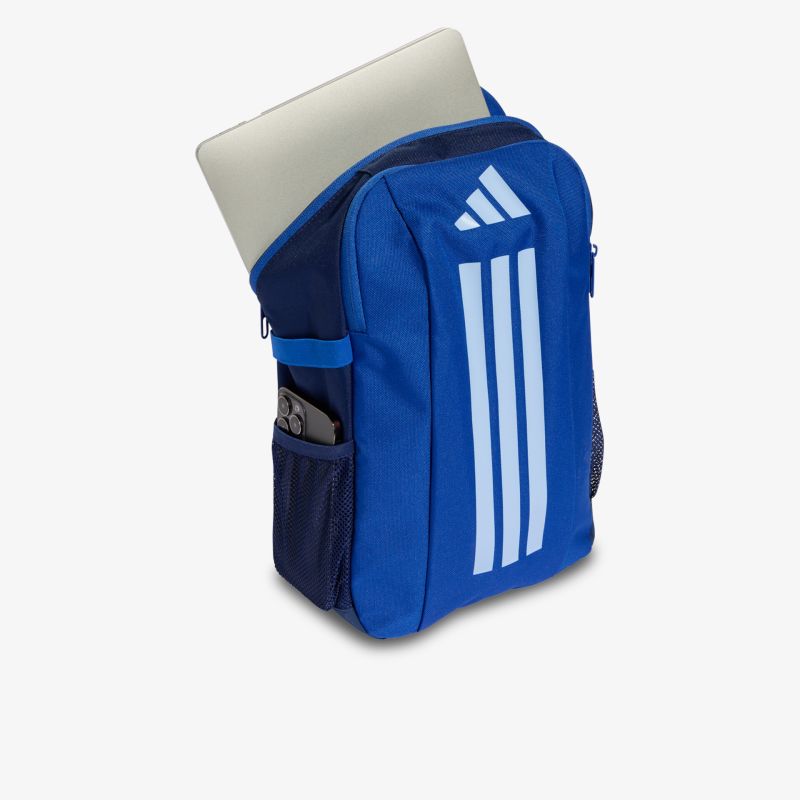 Blauer Rucksack mit Laptopfach und seitlichem Netzfach, robust und sportlich für den täglichen Gebrauch