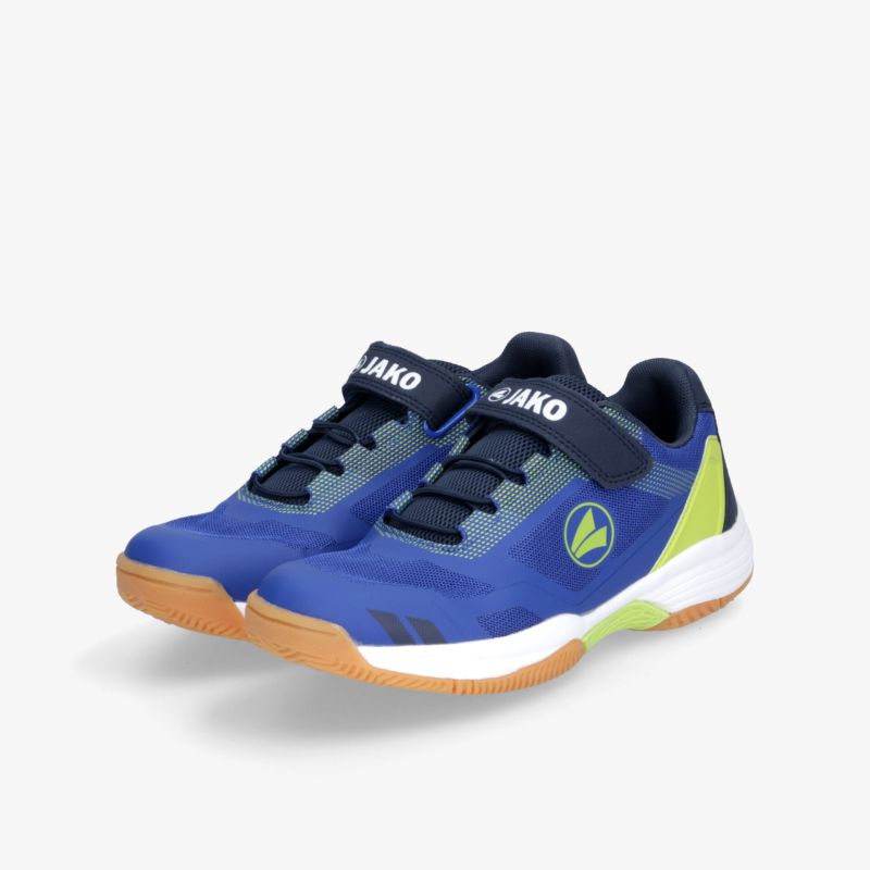 Sportliche blaue Schuhe mit grünen Akzenten, gepolsterte Innensohle und flexible Laufsohle für optimalen Komfort