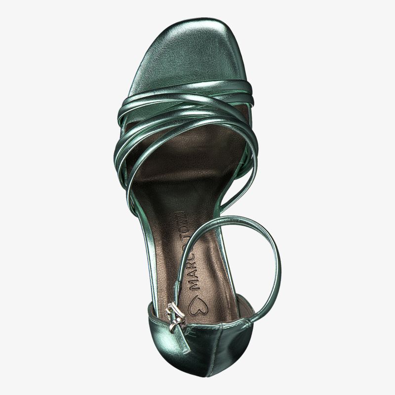 Schicke metallic-grüne Sandale mit Riemchen-Design und bequemem Fußbett, perfekt für elegante Anlässe.