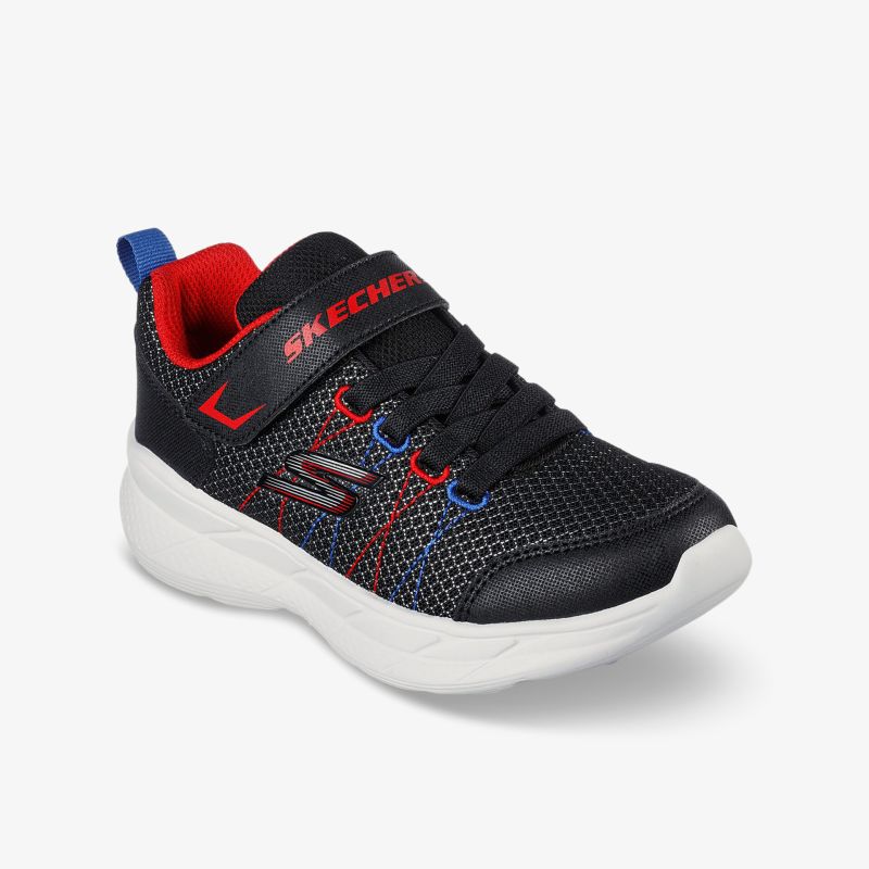 Bequemer Sportschuh in Schwarz mit roten und blauen Akzenten, ideal für aktive Bewegungen.