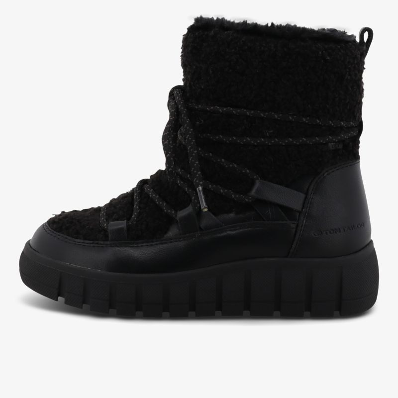 Schwarzer warmer Stiefel mit robustem Blockabsatz und weichem, gemütlichem Innenfutter, seitliche Ansicht