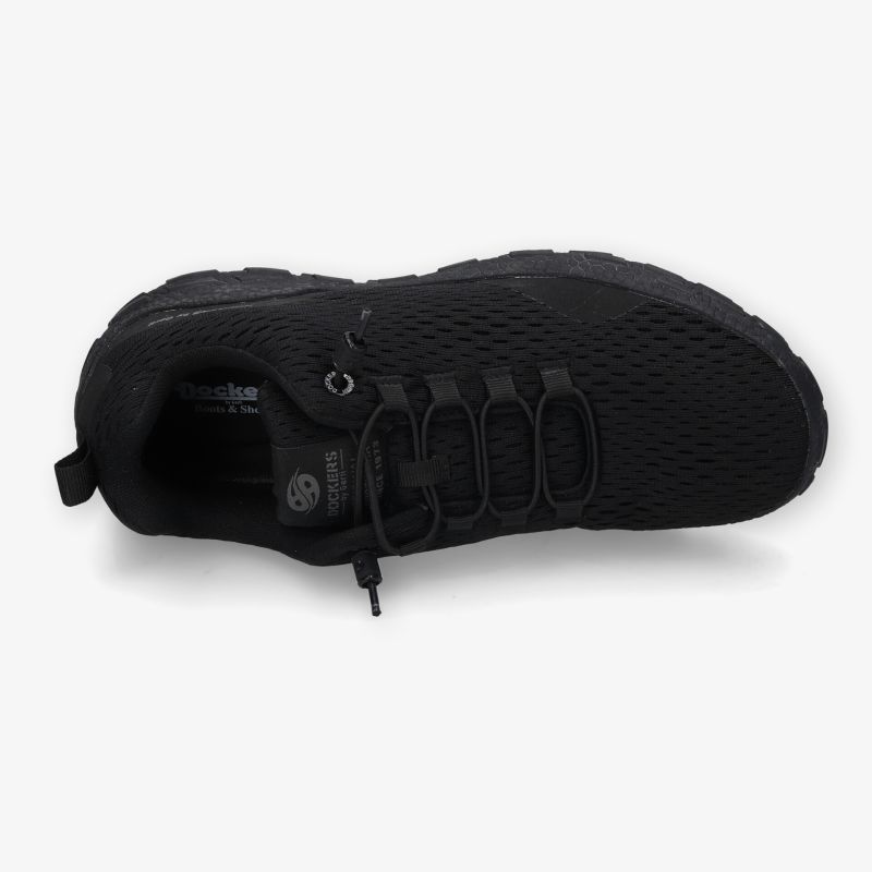 Schwarzer sportlicher Sneaker mit flexiblem, atmungsaktivem Material und rutschfester Sohle in Topansicht