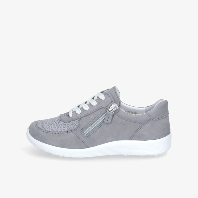 Grauer Sneaker mit Reißverschluss seitlich gezeigt, bequemer und sportlicher Schuh mit flexibler, leichter Sohle