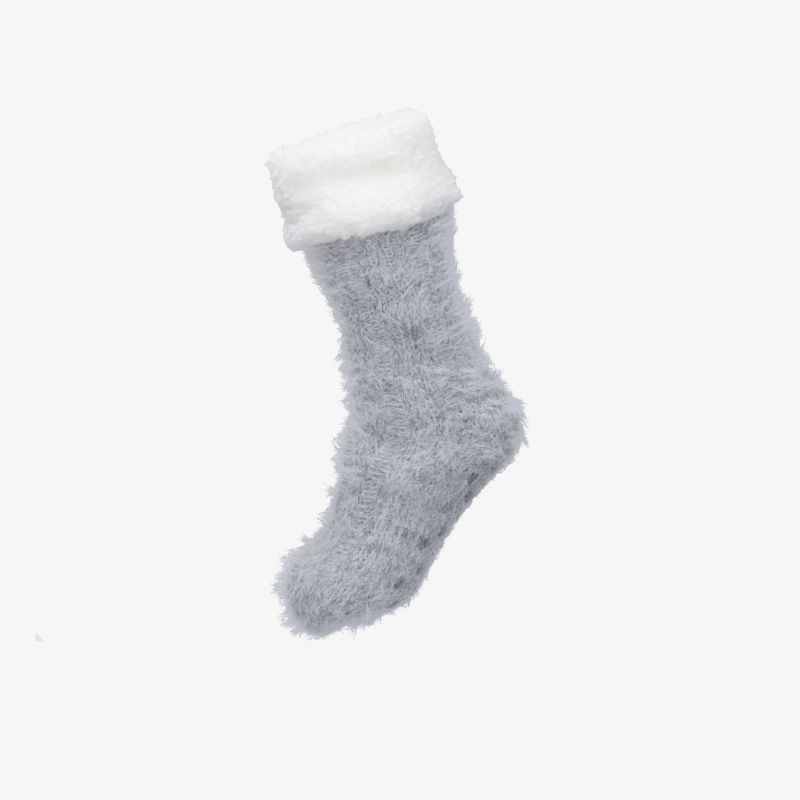 Weiche graue Kuschelsocke mit weißem Fellbund für angenehmen Tragekomfort und warme Füße