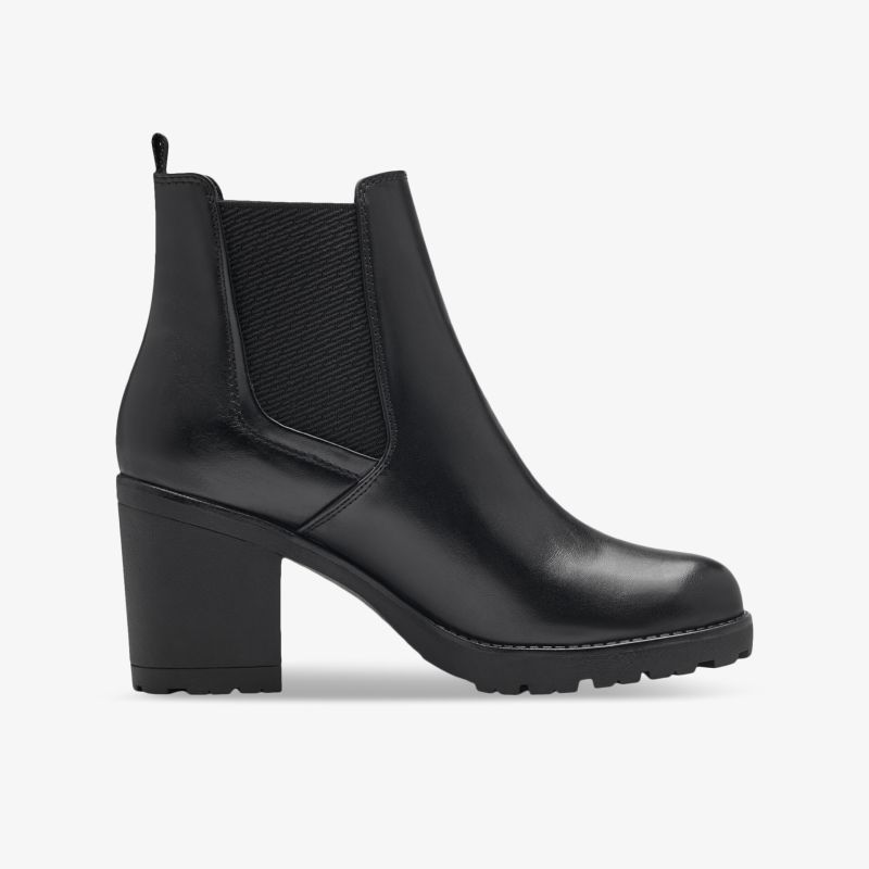 Elegante schwarze Stiefelette mit hohem Blockabsatz und elastischem Einsatz für modernen Stil und Komfort.