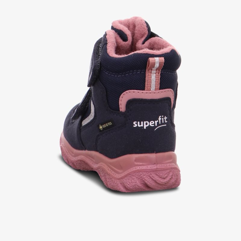 Wasserdichter, warmer Schuh mit robustem Design und rutschfester Sohle in Blau und Rosa.