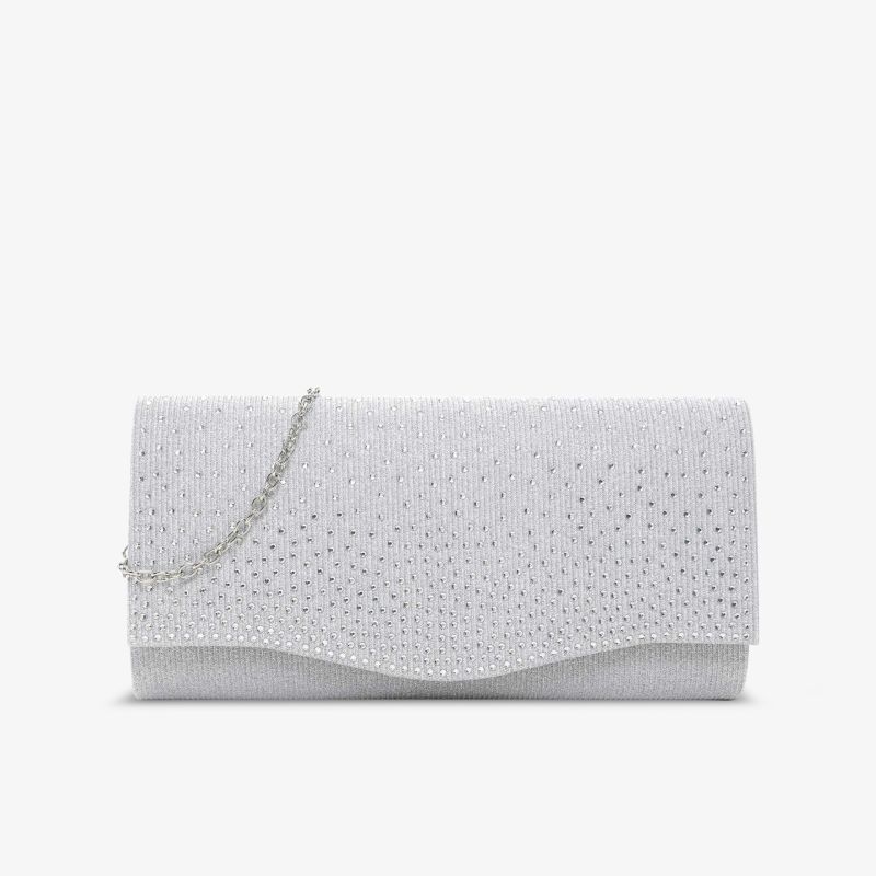 Elegante weiße Abendtasche mit funkelnden Strasssteinen und silberner Kette. Perfekt für besondere Anlässe.