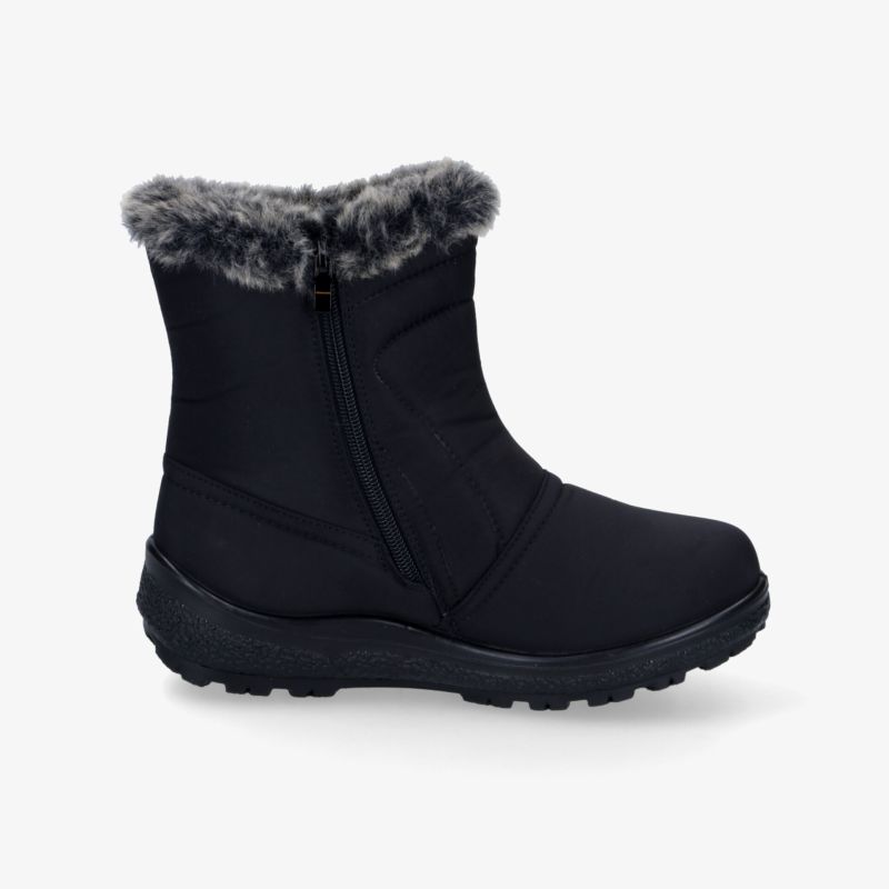 Schwarzer Winterstiefel mit warmem Fellkragen, robustem Reißverschluss und profilierter rutschfester Sohle