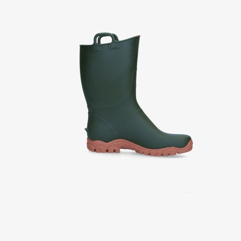 Seitliche Ansicht eines robusten, wasserdichten Gummistiefels mit hoher Schafthöhe und rutschfester Sohle