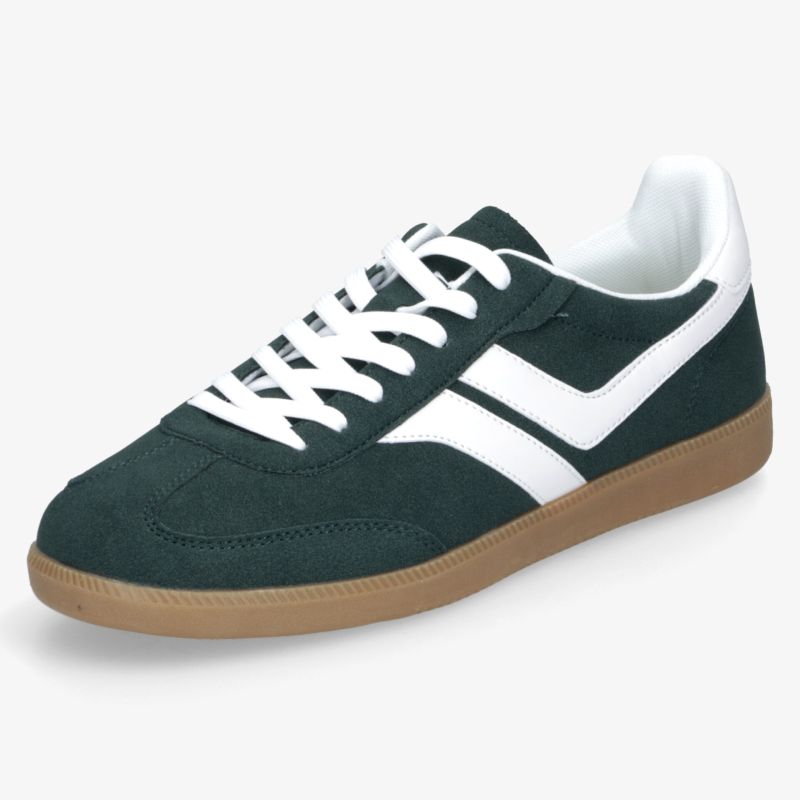 Sportlicher Schuh in schräger Vorderansicht mit weißer Sohle und Schnürsenkel, komfortabel und langlebig