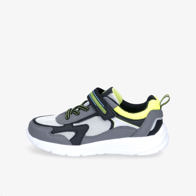 Sportlicher Sneaker mit Klettverschluss und Mesh-Elementen in Grau, Weiß und Gelb für vielseitige Einsätze.