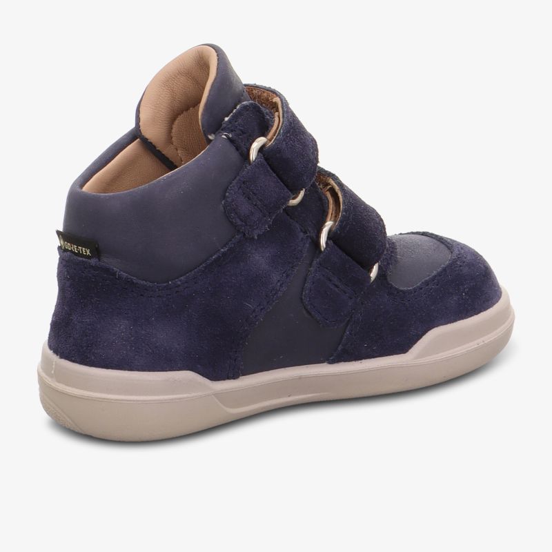Lässiger blauer Kinderschuh mit Klettverschluss und rutschfester Sohle, ideal für täglichen Tragekomfort.