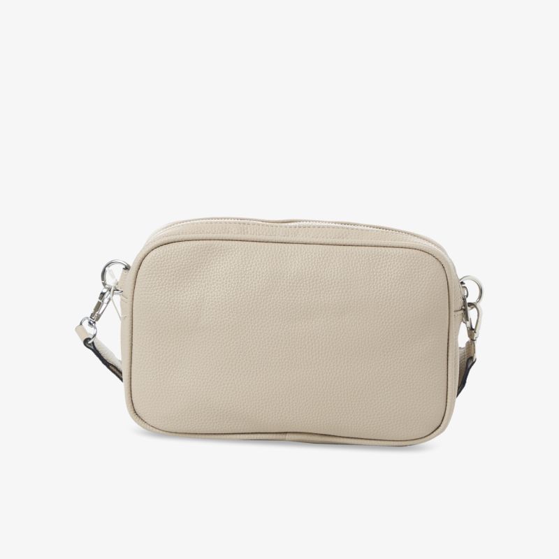 Beige kompakte Tasche mit Reißverschluss und verstellbarem Schulterriemen, modernes schlichtes Design