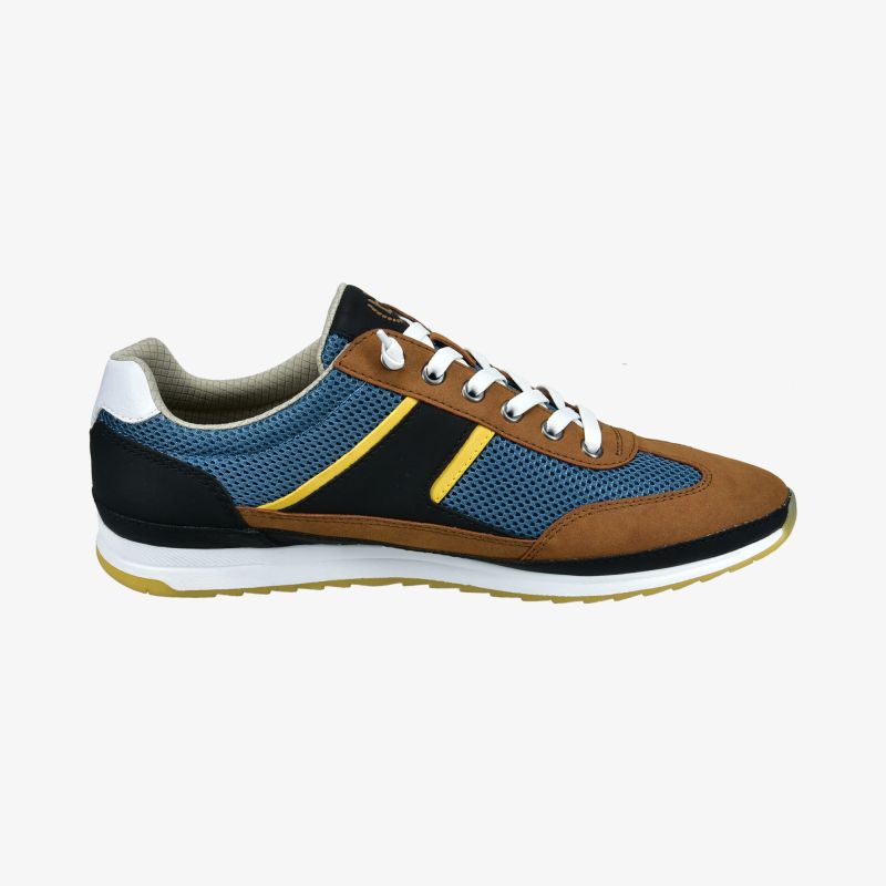 Moderner Sneaker mit blau-braunem Design, optimaler Komfort und schnittiges Profil für vielseitigen Einsatz.