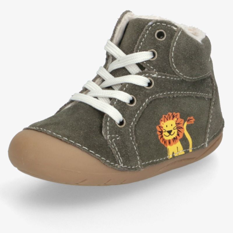 Grauer Kinder-Wildlederschuh mit weicher Gummisohle und buntem Löwenmotiv, komfortabel und rutschfest