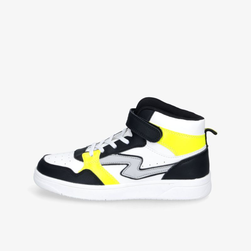 Moderner Sneaker in Weiß, Schwarz und Gelb mit hohem Schaft, Schnürung und kleinem Klettverschluss für sicheren Halt