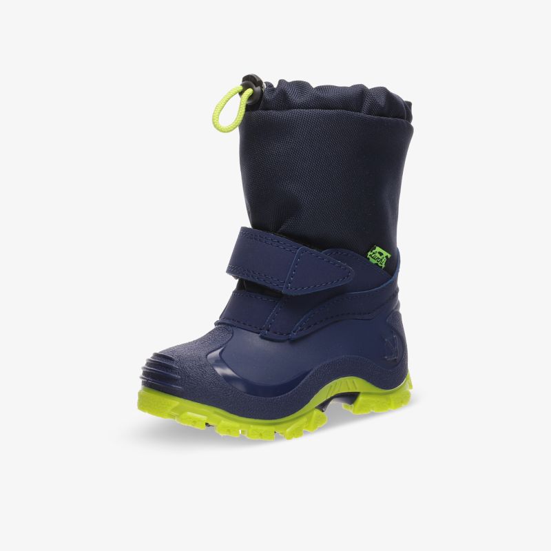 Witterungsbeständiger Stiefel mit verstellbarem Verschluss und rutschfester Sohle in Blau und Neongelb.