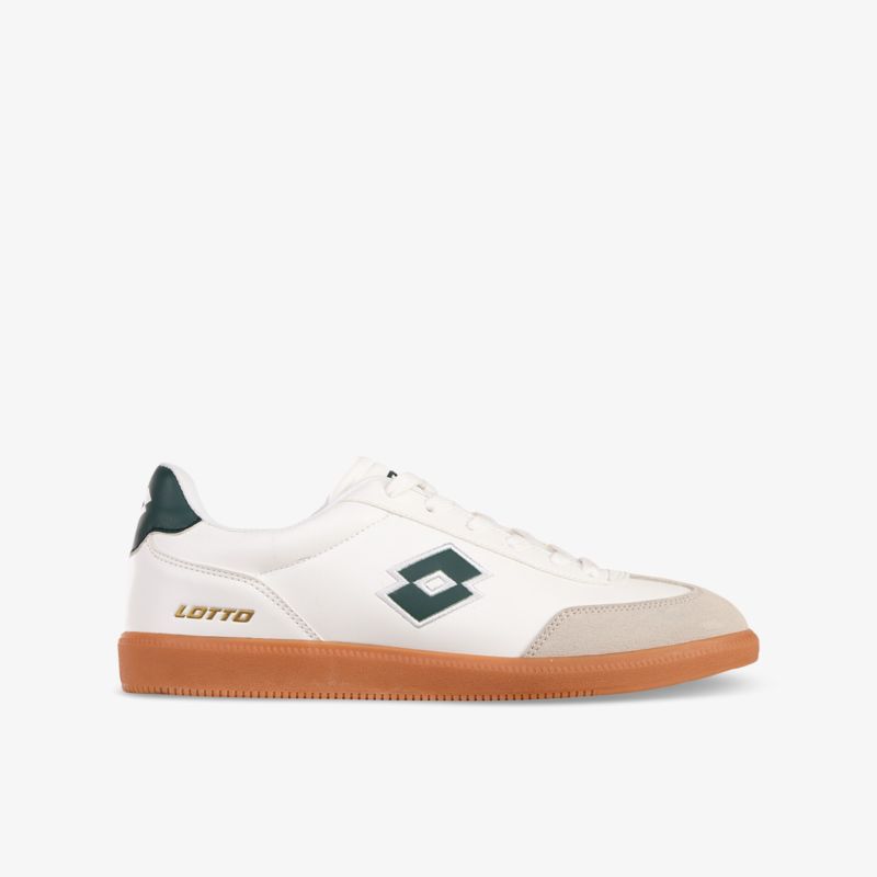 Seitliche Ansicht weißer Sneaker mit brauner Gummisohle, komfortabel und rutschfest für vielseitigen Einsatz