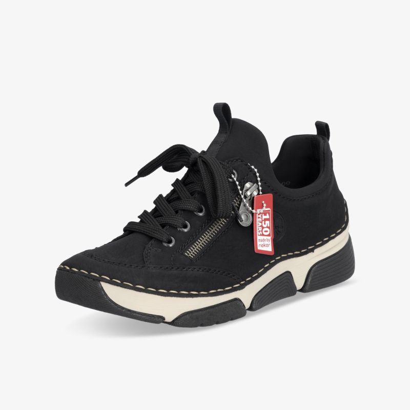 Schwarzer sportlicher Sneaker mit Reißverschluss und Schnürsenkeln, bequeme und rutschfeste Sohle