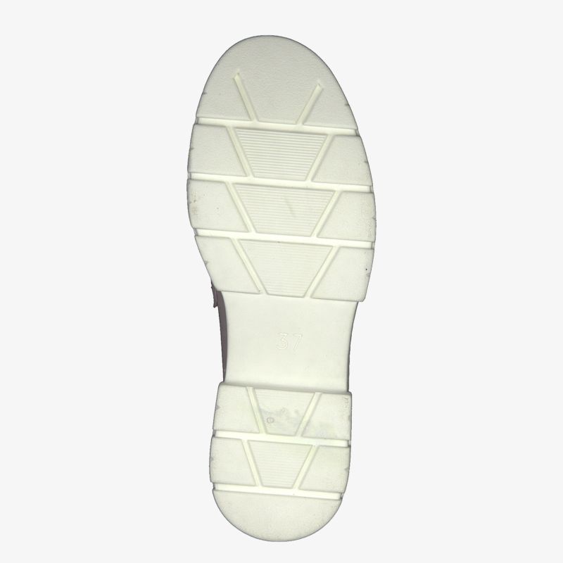 Robuste und rutschfeste weiße Sohle mit modernem Design für optimalen Komfort und Stil.