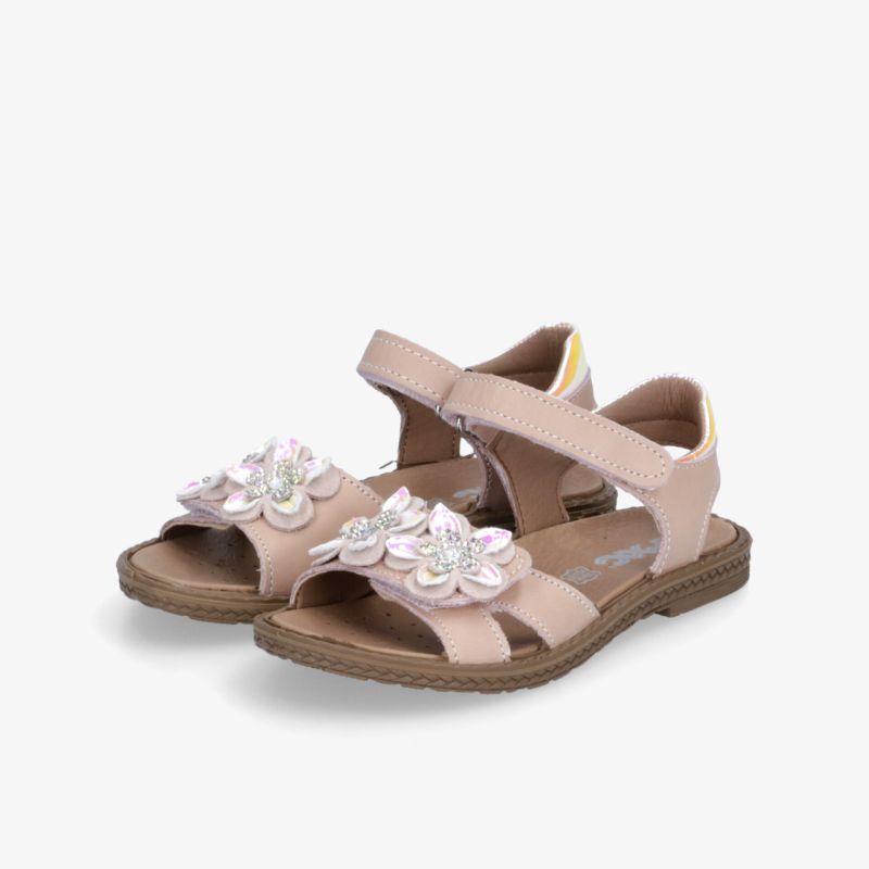 Elegante Sandalen mit Blumenapplikationen und verstellbarem Klettverschluss für optimalen Tragekomfort im Sommer.