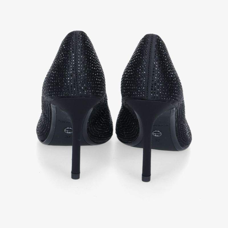 Elegante schwarze High-Heels mit glitzerndem Detail und hohem Absatz für stilvolle Auftritte.