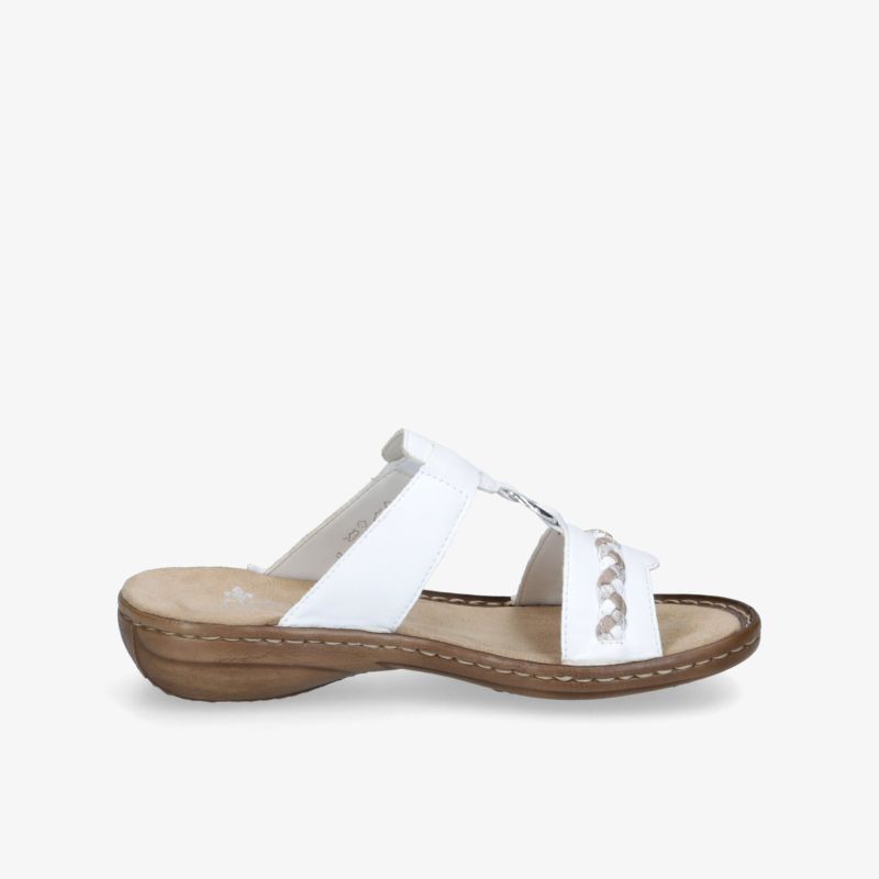 Stilvolle weiße Sandale mit Holzsohle, perfekt für Komfort und lässigen Sommerstil.