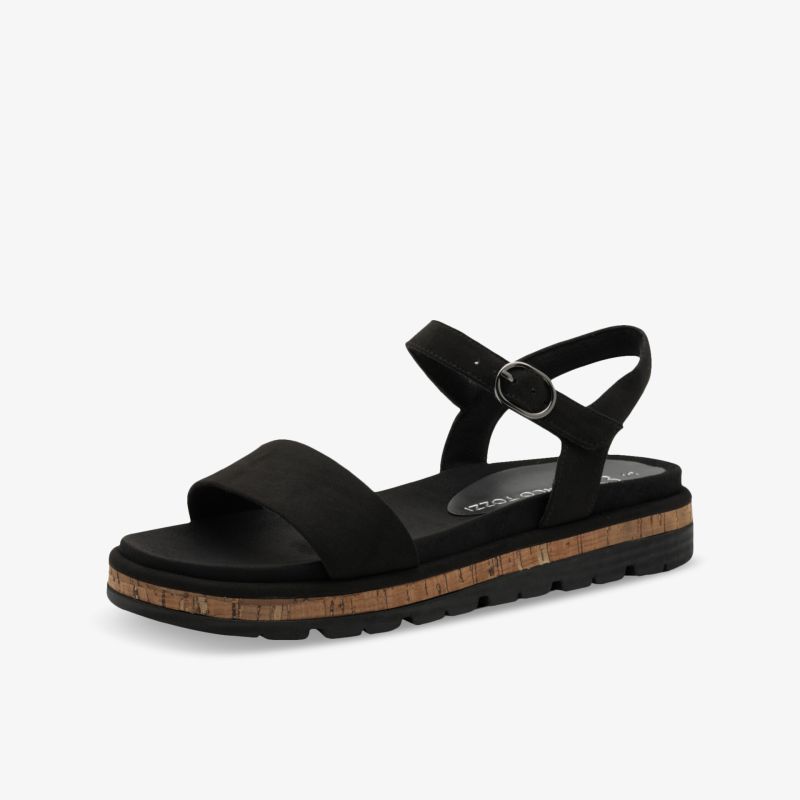 Schwarze Sandale mit verstellbarem Riemen und komfortabler, leichter Korksohle für angenehmen Tragekomfort
