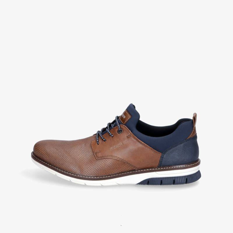 Eleganter brauner Lederschuh mit blauer Akzentuierung und rutschfester weißer Sohle