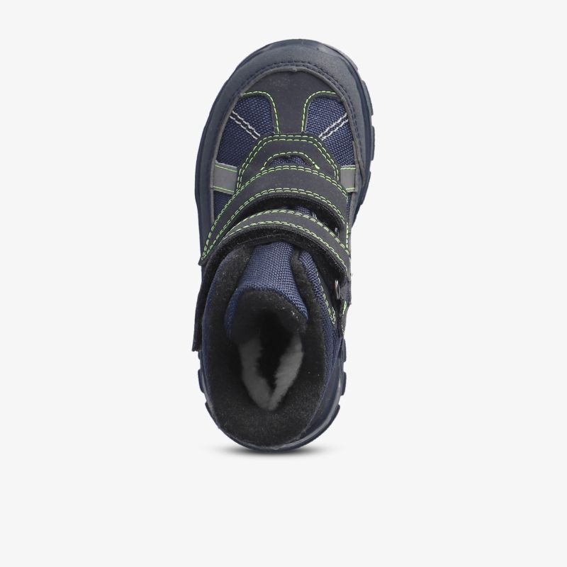 Robuster blauer Schuh mit Klettverschluss und warmer Polsterung für optimalen Komfort und Wetterschutz.