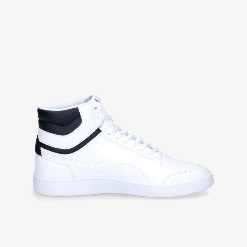 Moderner weißer High-Top-Sneaker mit schwarzem Detail. Elegantes Design für komfortables Tragen.