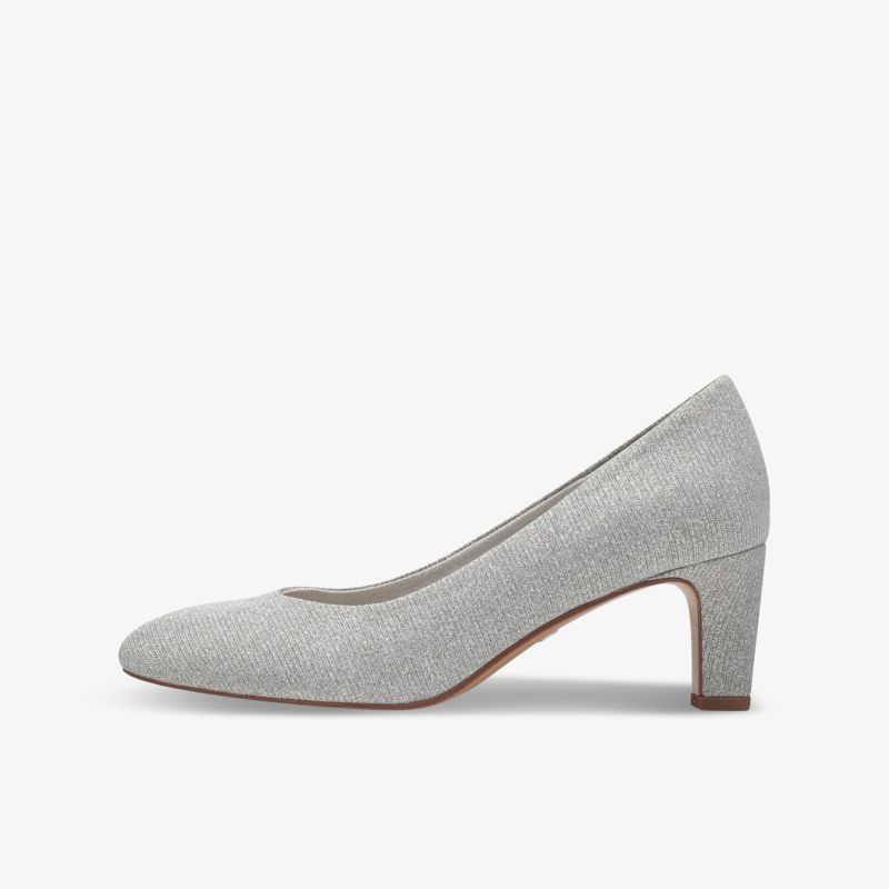 Grauer eleganter Pumps mit hohem Absatz in klarer seitlicher Ansicht, bequem und klassisch gestaltet