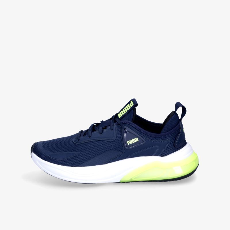 leichter Sportschuh in Blau mit bequemer Passform und stoßdämpfender neongelber Sohle, klare Seitenansicht