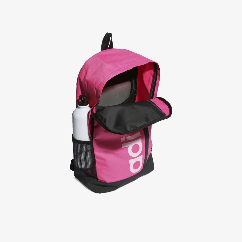 Robuster pinker Rucksack mit großem Fach und seitlicher Flaschentasche, vielseitig und modern.