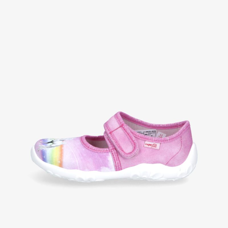 Leichter Kinderschuh in Rosa mit flexiblem Klettverschluss und buntem Regenbogen in bequemer Passform