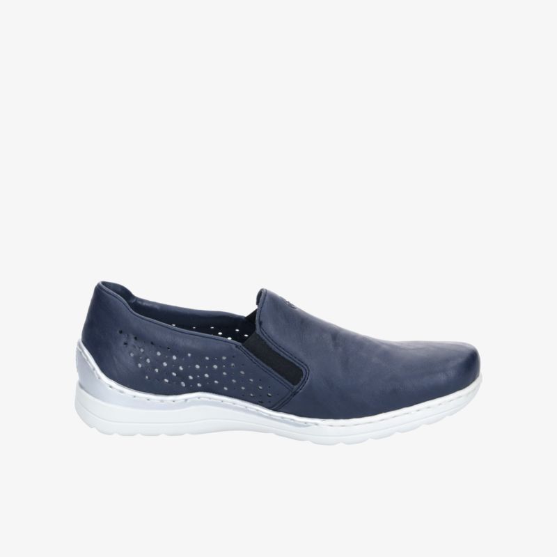Leichter, atmungsaktiver blauer Schuh mit weißer Sohle und elastischen Seiteneinsätzen für optimalen Komfort