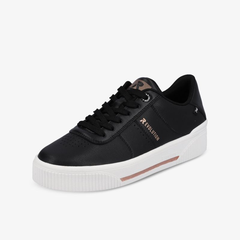 Moderner schwarzer Sneaker mit weißer Sohle und komfortablem Design, perfekt für sportlichen Alltag.