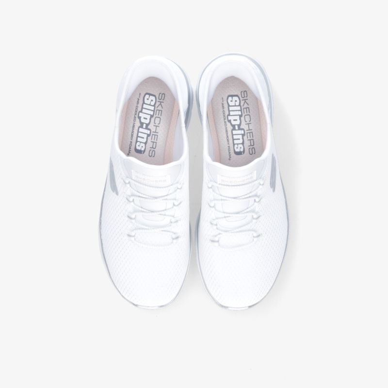Weißes Paar Sneaker aus atmungsaktivem Material mit Schnürung und rutschfester Sohle, bequeme und leichte Schuhe
