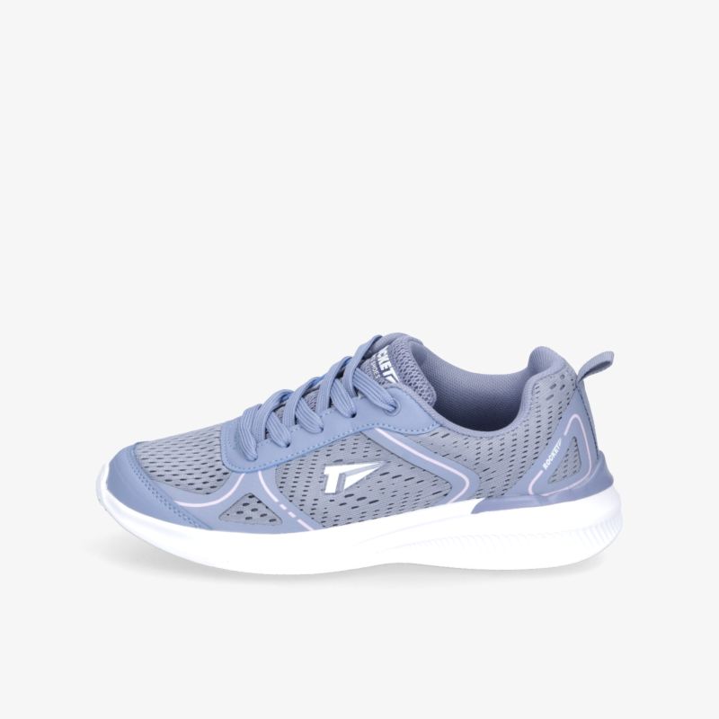 Leichter, atmungsaktiver blauer Laufschuh mit stabiler, flexibler Sohle und modernem Design seitlich fotografiert