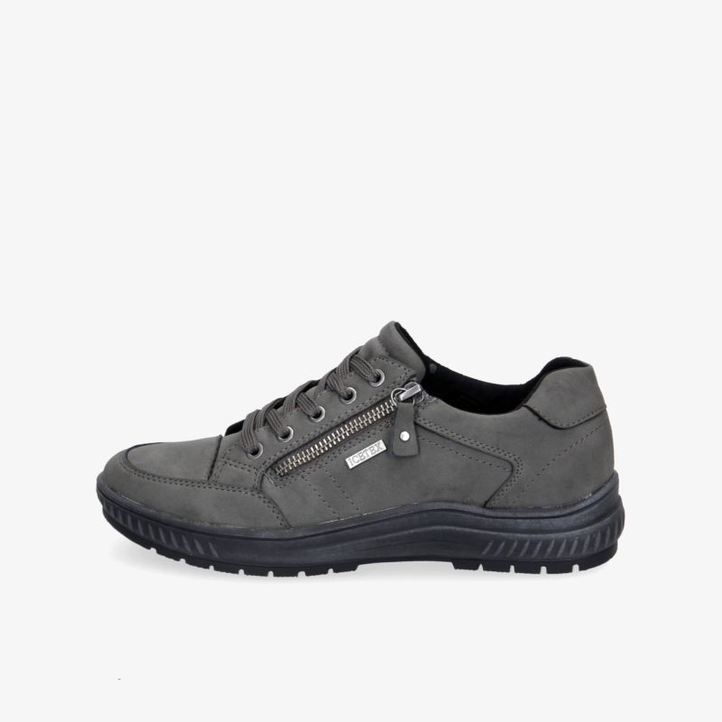 Bequemer grauer Laufschuh mit robustem Design und praktischen Reißverschlüssen für einfachen Einstieg.
