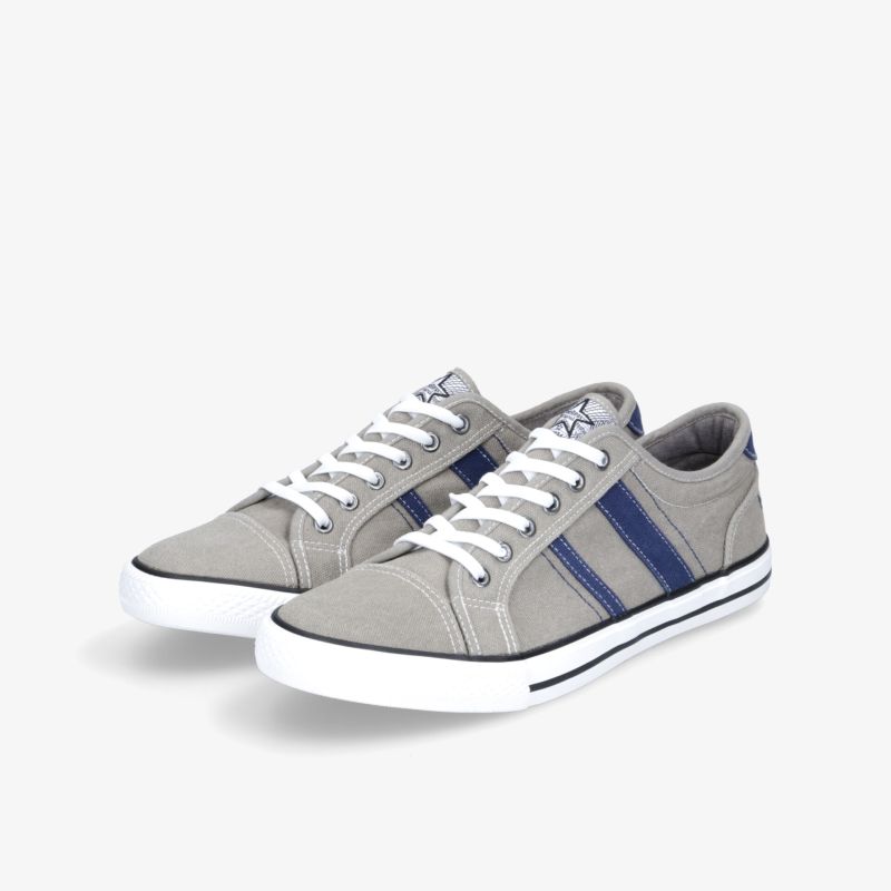 Graue Sneaker mit blauen Streifen, kombinierter Stil und Komfort, perfekt für Freizeitaktivitäten.