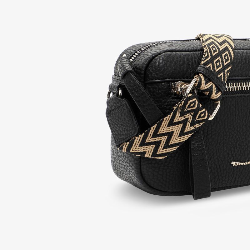 Elegante schwarze Tasche mit geometrisch gemustertem Riemen, ideal für stilvolle Auftritte.