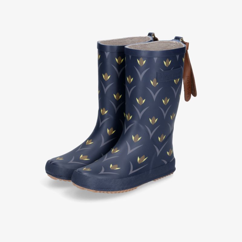 Blaue Regenstiefel mit stilvollem Muster und Lederschlaufe, wasserfest und strapazierfähig.