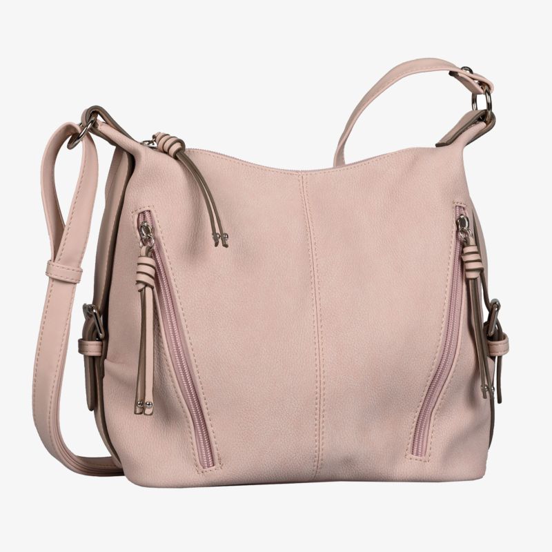 Elegante und moderne Schultertasche in zartem Rosa mit stilvollen Ziernähten und praktischen Reißverschlüssen.