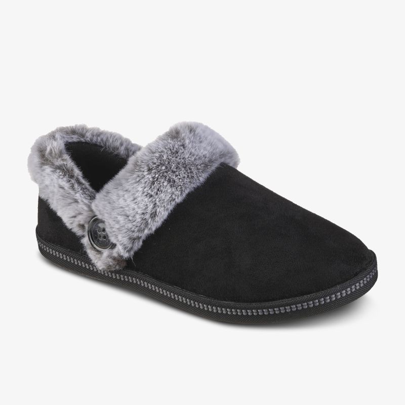 Bequeme schwarze Hausschuhe mit weichem grauem Kunstfellfutter und rutschfester Sohle, ideal für maximalen Komfort.