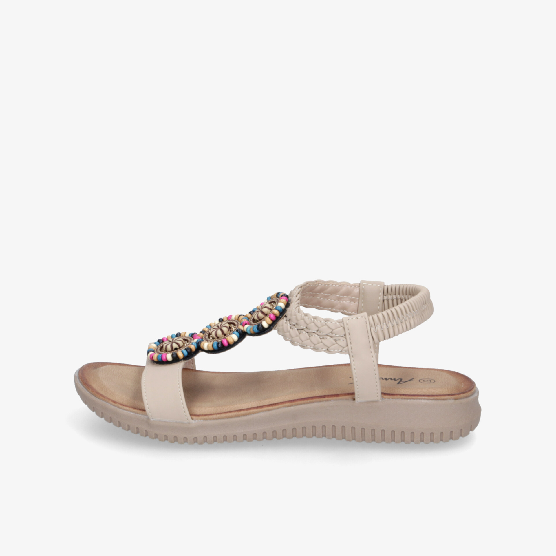 Bequeme Sandale mit flacher Sohle und auffälliger Schmuckverzierung, elastischem Fersenband für sicheren Halt