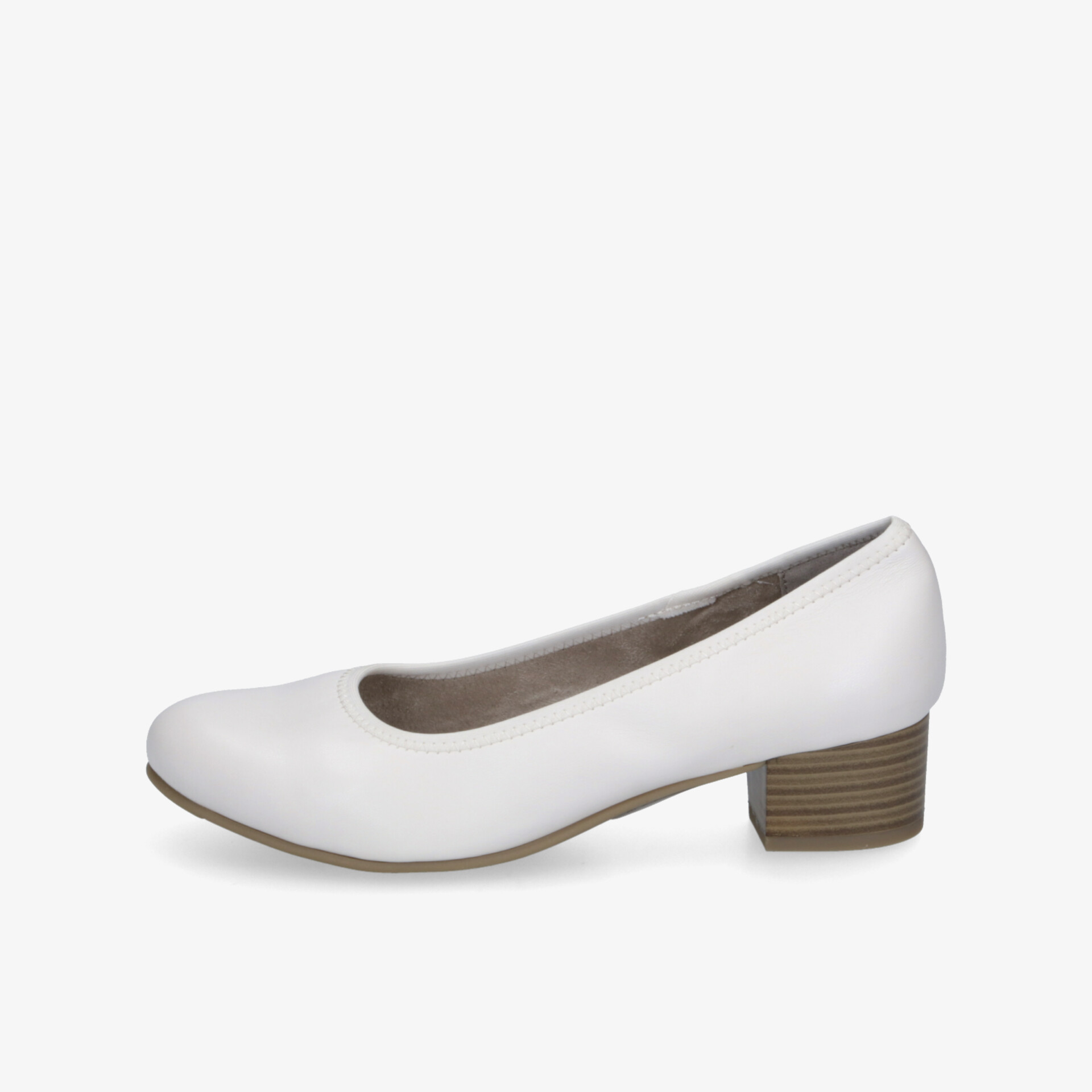 Eleganter weißer Schuh mit niedrigem Absatz und rundem Zehenbereich für hohen Tragekomfort
