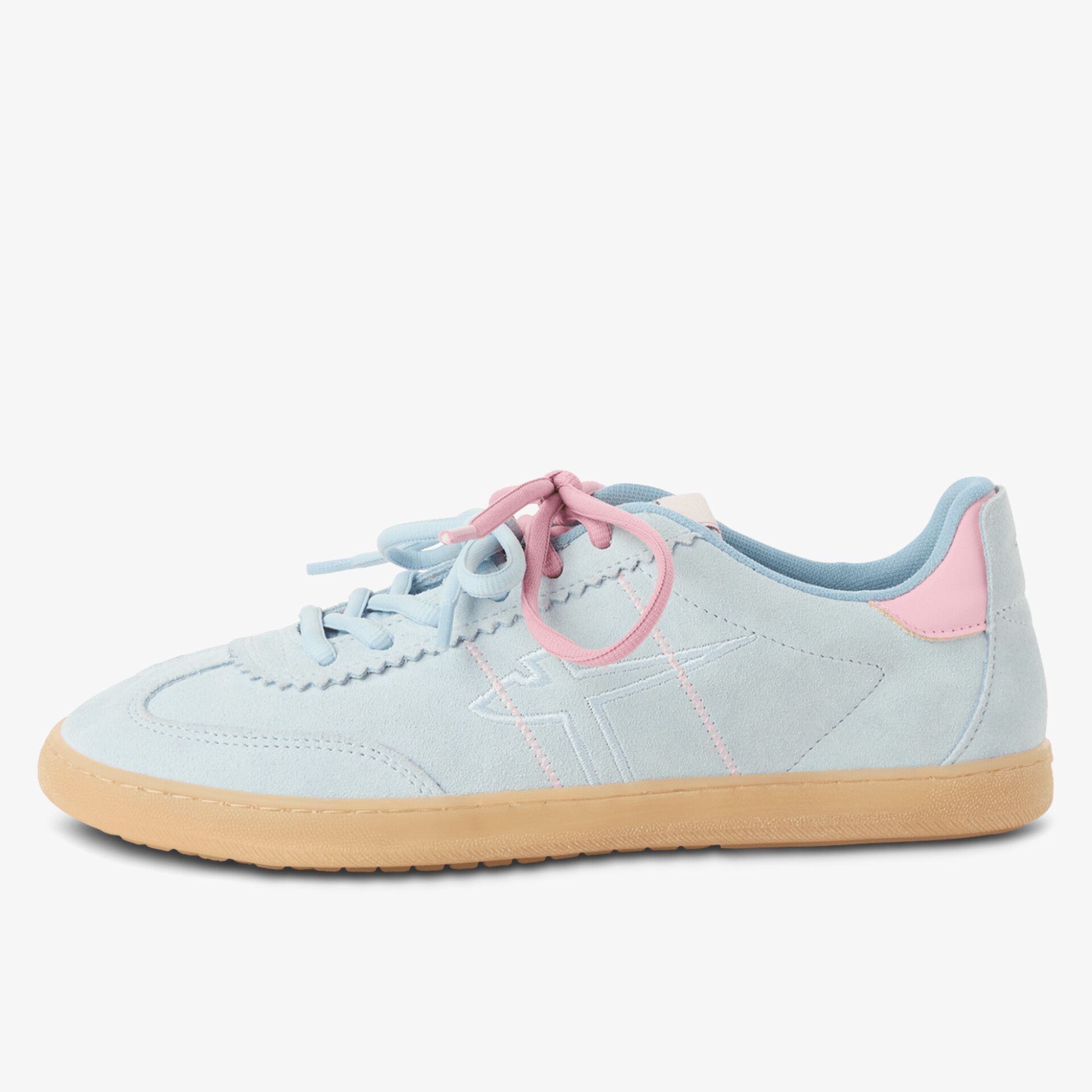 Seitlich sichtbarer Sneaker mit weichem Obermaterial und pastellfarbenen Details, flexible Gummisohle und komfortable Passform
