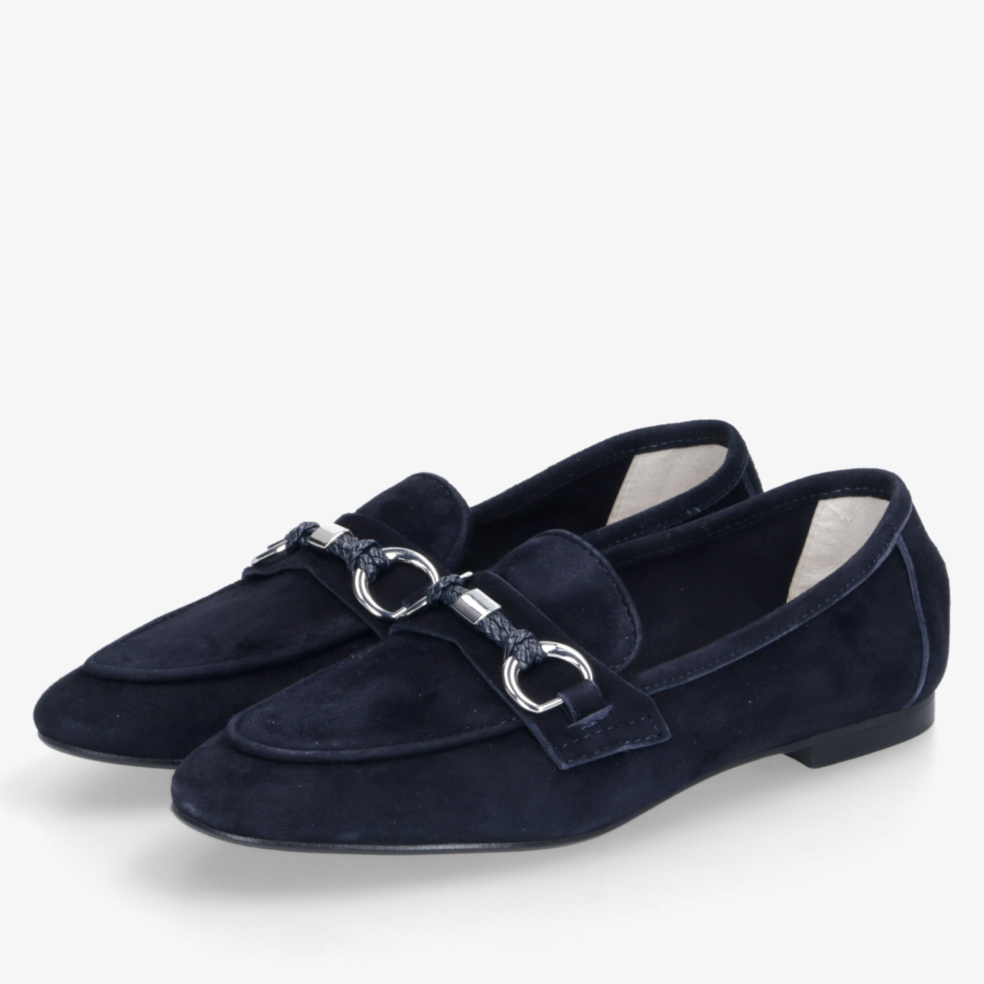 dunkelblaue Veloursleder-Loafer mit silberfarbenem Metallverschluss, bequeme flache Schuhe mit eleganter Optik